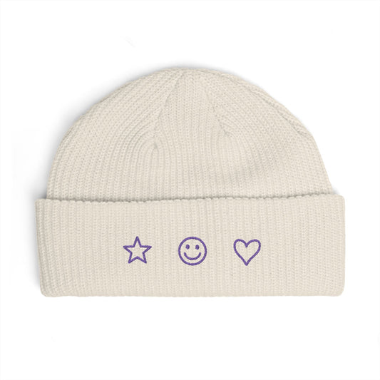 Cuff Beanie — Minimal Star, Smile & Heart Embroidered Knit Hat